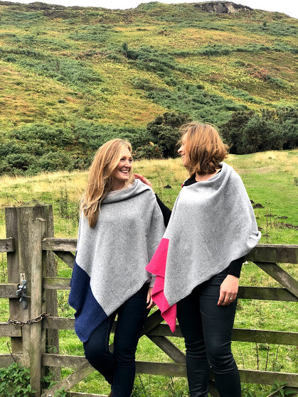 Versatile Merino Lambswool Poncho/Wrap with loop button - Navy Blue