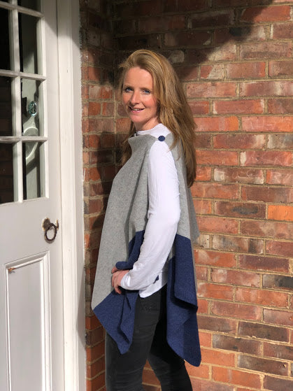merino lambswool pale grey with navy border poncho/wrap