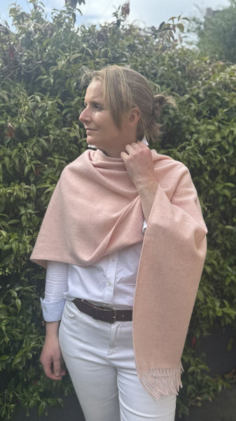 Merino Wool Poncho with Fringe - Colour Baby Pink with matching ceramic button