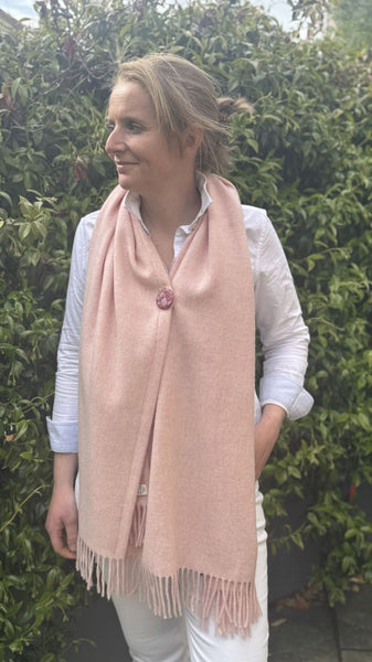 Merino Wool Poncho with Fringe - Colour Baby Pink with matching ceramic button