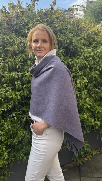 Fringed Merino Wool Poncho Lavender with matching ceramic button