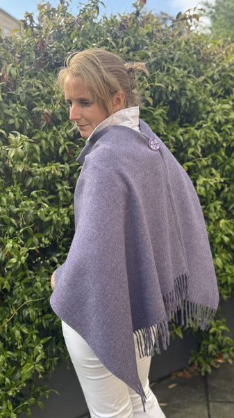 Fringed Merino Wool Poncho Lavender with matching ceramic button