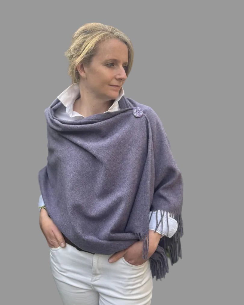 lavender merino wool poncho with matching ceramic button