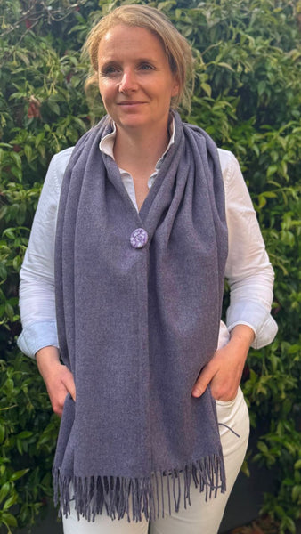 Fringed Merino Wool Poncho Lavender with matching ceramic button