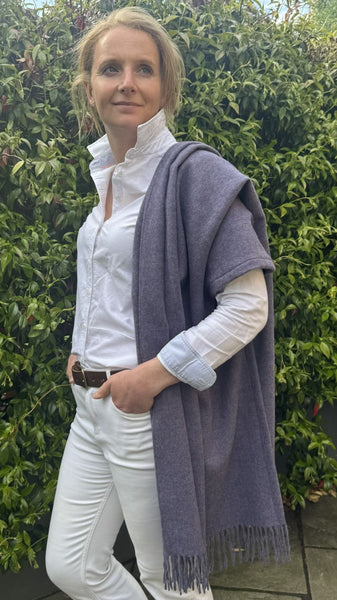 Fringed Merino Wool Poncho Lavender with matching ceramic button