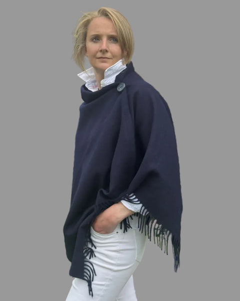 navy merino wool poncho with ceramic button