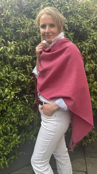 Merino Wool Poncho with Fringe - Colour Rose Pink with matching ceramic button