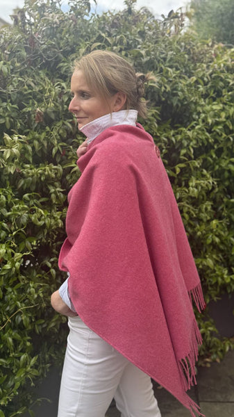 Merino Wool Poncho with Fringe - Colour Rose Pink with matching ceramic button