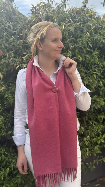 Merino Wool Poncho with Fringe - Colour Rose Pink with matching ceramic button