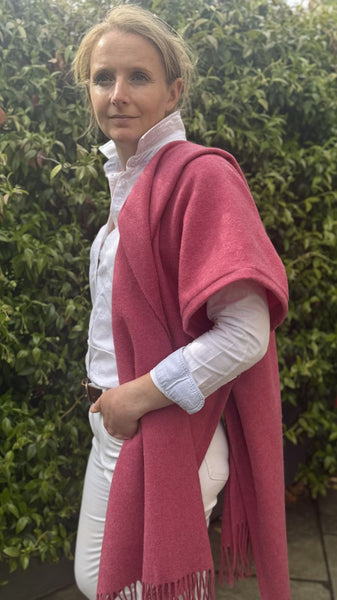 Merino Wool Poncho with Fringe - Colour Rose Pink with matching ceramic button
