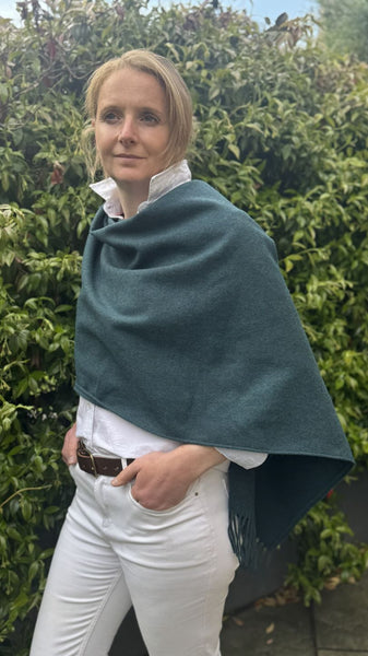 Fringed Merino wool Poncho teal with matching ceramic button