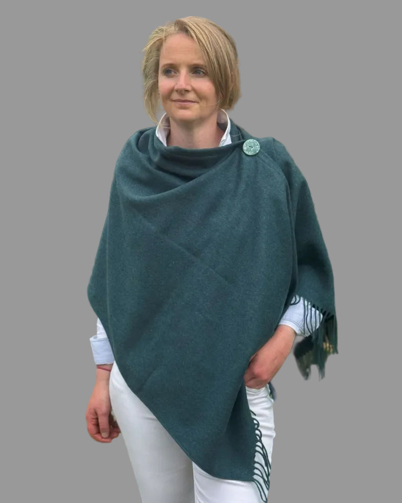 teal merino wool poncho with matching ceramic button