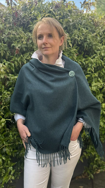 Fringed Merino wool Poncho teal with matching ceramic button