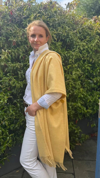 Fringed Merino Wool Poncho Pale Yellow
