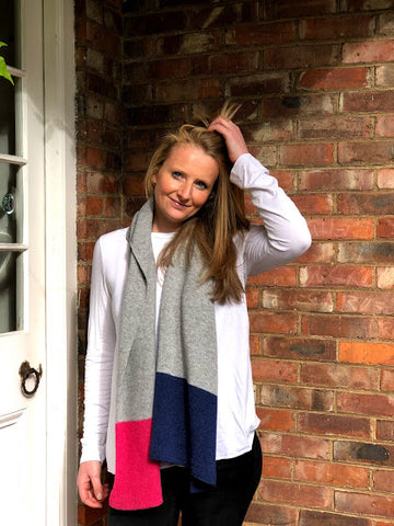 MMerino lambswool scarf in 3 block colours grey, navy blue and pink