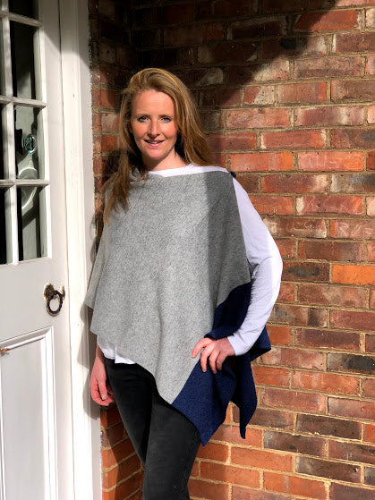merino lambswool pale grey with navy border poncho/wrap