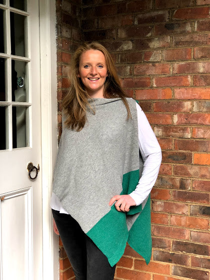 merino lambswool pale grey with green border poncho/wrap