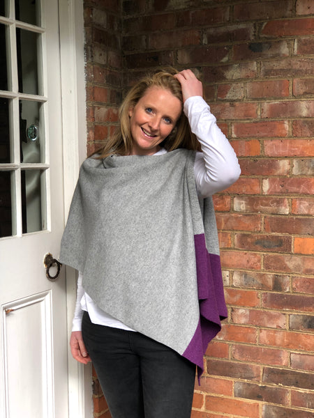 Versatile Merino Lambswool Poncho/Wrap with loop button - Lupin Purple