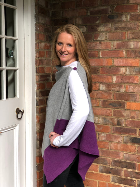 Versatile Merino Lambswool Poncho/Wrap with loop button - Lupin Purple